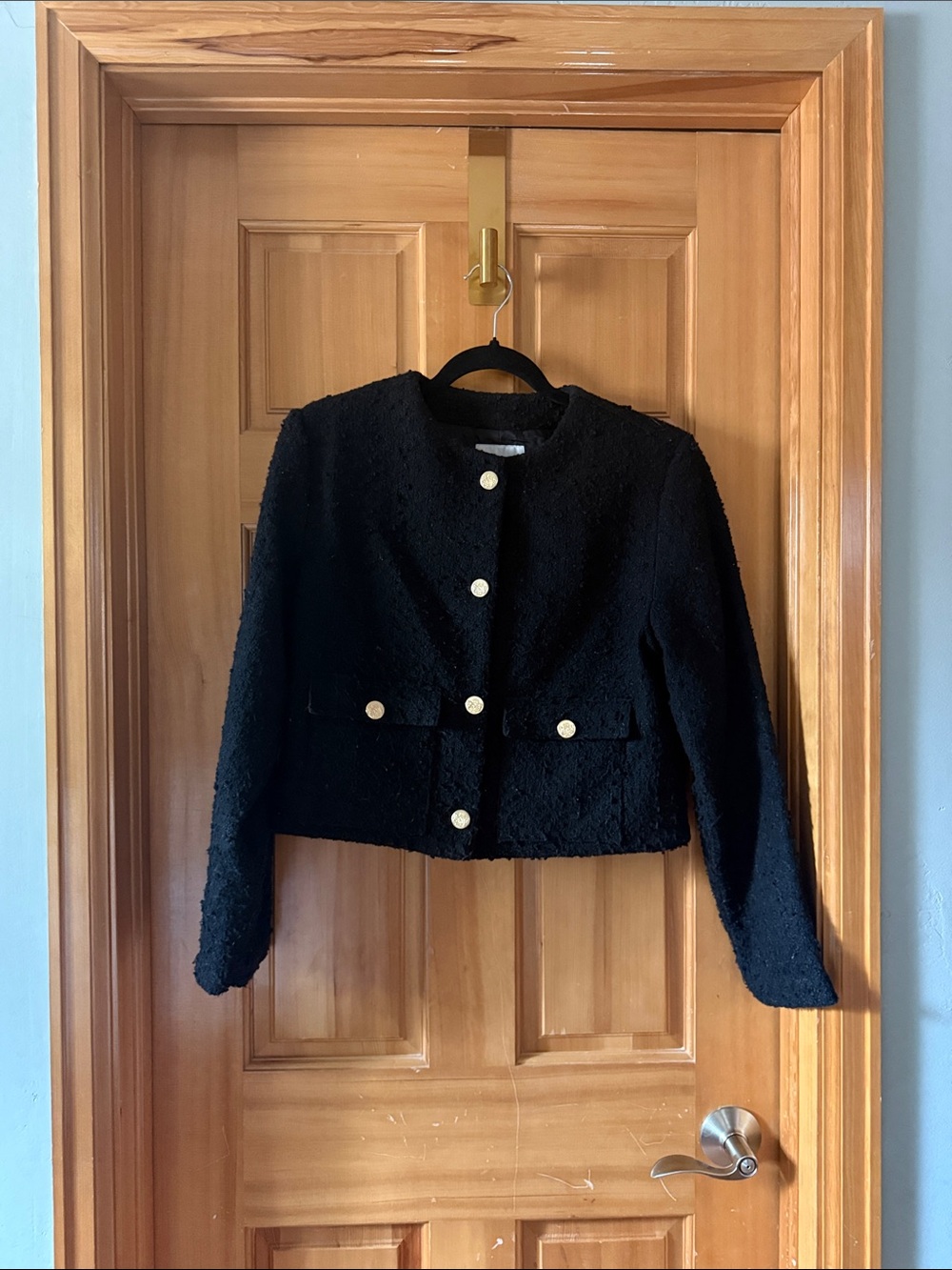 Abercrombie & Fitch Black Tweed Collarless Blazer with Gold Buttons